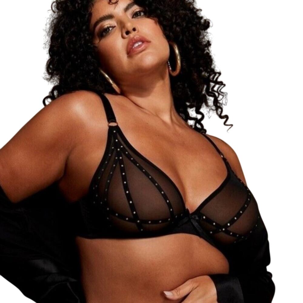 Frederick’s Rozlyn Mesh Studded Bra 32DD NWT Black Goth Style